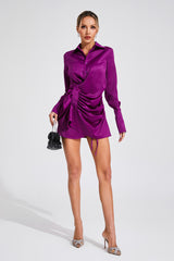 tiffany ruched satin shirt mini dress - purple