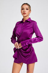 tiffany ruched satin shirt mini dress - purple
