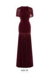 Suttoa Mesh Shawl Ruched Maxi Dress - Wine