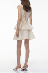 Vashti Neutral Tiered Ruffled Mini Dress