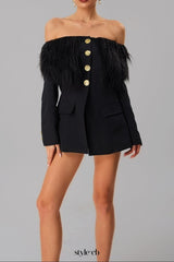 black Off-shoulder feather metal buckle decoration blazer mini dress