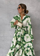 letitia Lantern sleeve printed lapel maxi dress in green