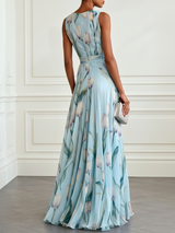 v-neck Tulip Print Chiffon Maxi Dress - blue