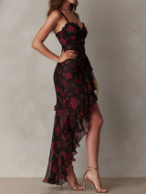 Black And Red Floral Ruched Ruffle Hem Dress