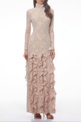 michelle Nude Floral Lace Ruffled Maxi Dress
