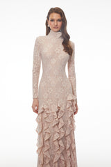 michelle Nude Floral Lace Ruffled Maxi Dress