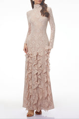 michelle Nude Floral Lace Ruffled Maxi Dress