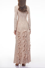 michelle Nude Floral Lace Ruffled Maxi Dress