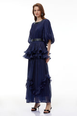 lorraine navy Blue Embellished Pleated Maxi Dress