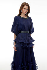 lorraine navy Blue Embellished Pleated Maxi Dress