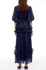 lorraine navy Blue Embellished Pleated Maxi Dress