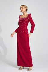 lynn Square neck beaded rhinestone maxi dress - Burgundy