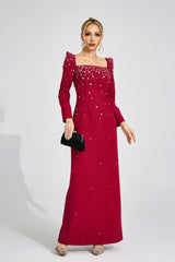 lynn Square neck beaded rhinestone maxi dress - Burgundy
