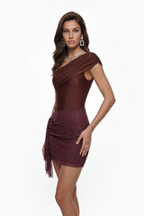 elvira One-Shoulder Cut-Out Rhinestone Mini Dress in Brown