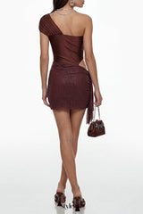elvira One-Shoulder Cut-Out Rhinestone Mini Dress in Brown