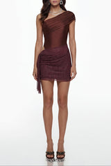 elvira One-Shoulder Cut-Out Rhinestone Mini Dress in Brown