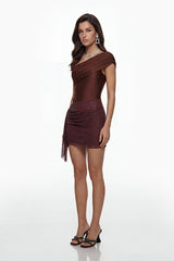 elvira One-Shoulder Cut-Out Rhinestone Mini Dress in Brown