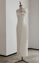 Estelle White Off Shoulder Satin Midi Dress with Bow