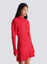 roberta long sleeve flared knit mini dress in red