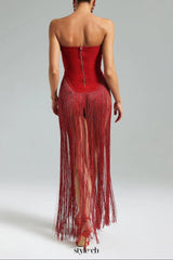 helen Bodysuit Fringe Strapless mini Dress in red