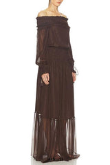 tiffany brown Off-shoulder long sleeve maxi dress with ruched trim
