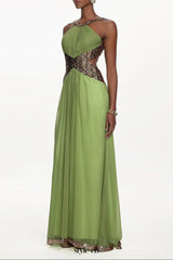 virginia green Halter Pleated Cut Out Sequin Maxi Dress
