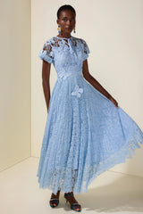 selena Lace Butterfly Pleated Midi Dress - blue