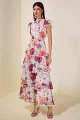 zenobia Floral Lace Ruffle Maxi Dress - white