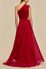 agatha one shoulder draped high slit silk gown in red