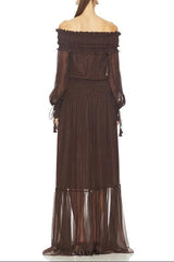tiffany brown Off-shoulder long sleeve maxi dress with ruched trim