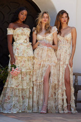 mignon floral print ruffle layer high slit corset maxi dress