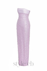 PINK SATIN SEQUIN PEARLS BEADED MAXI DRESS