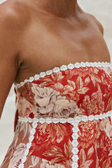 Linen lace-trim print strapless top shorts set - red