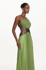 virginia green Halter Pleated Cut Out Sequin Maxi Dress