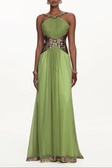 virginia green Halter Pleated Cut Out Sequin Maxi Dress