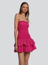 eyelet layered strapless mini dress in fuchsia