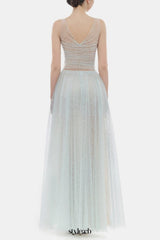 monica blue draped tulle fishbone maxi dress