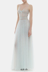 monica blue draped tulle fishbone maxi dress