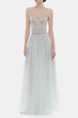 monica blue draped tulle fishbone maxi dress