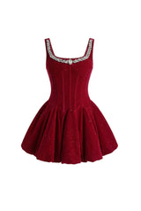 vivien Burgundy Velvet Corset Mini Dress with Crystal-Embellished Neckline