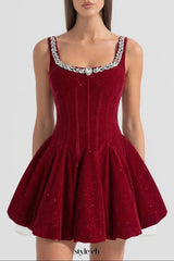 vivien Burgundy Velvet Corset Mini Dress with Crystal-Embellished Neckline