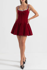 vivien Burgundy Velvet Corset Mini Dress with Crystal-Embellished Neckline