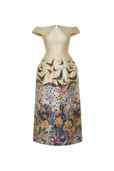 nina Retro floral print off-shoulder midi dress in apricot