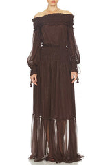 tiffany brown Off-shoulder long sleeve maxi dress with ruched trim