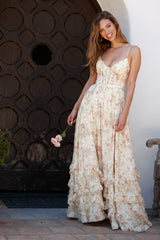 mignon floral print ruffle layer high slit corset maxi dress