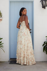 mignon floral print ruffle layer high slit corset maxi dress
