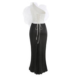 3D WHITE FLOWER ONE-SHOULDER MAXI DRESS IN BLACK
