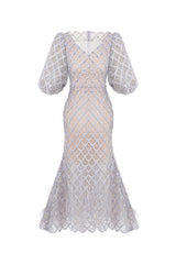 Ciara Trumpet Bishop Sleeved Lace Midi Dress
