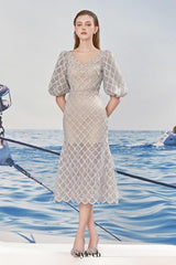 Ciara Trumpet Bishop Sleeved Lace Midi Dress