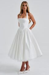 White Satin Halter Square Neck Fit And Flare Midi Dress With Tulle Hem